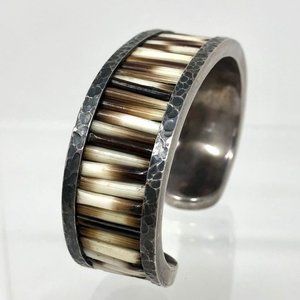 Substantial Hammered Sterling Silver and Porcupine Quill Cuff Bracelet